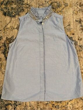 J. Crew Sleeveless Button Down Polo Blouse Blue Jewled Embellished Collar Size 6